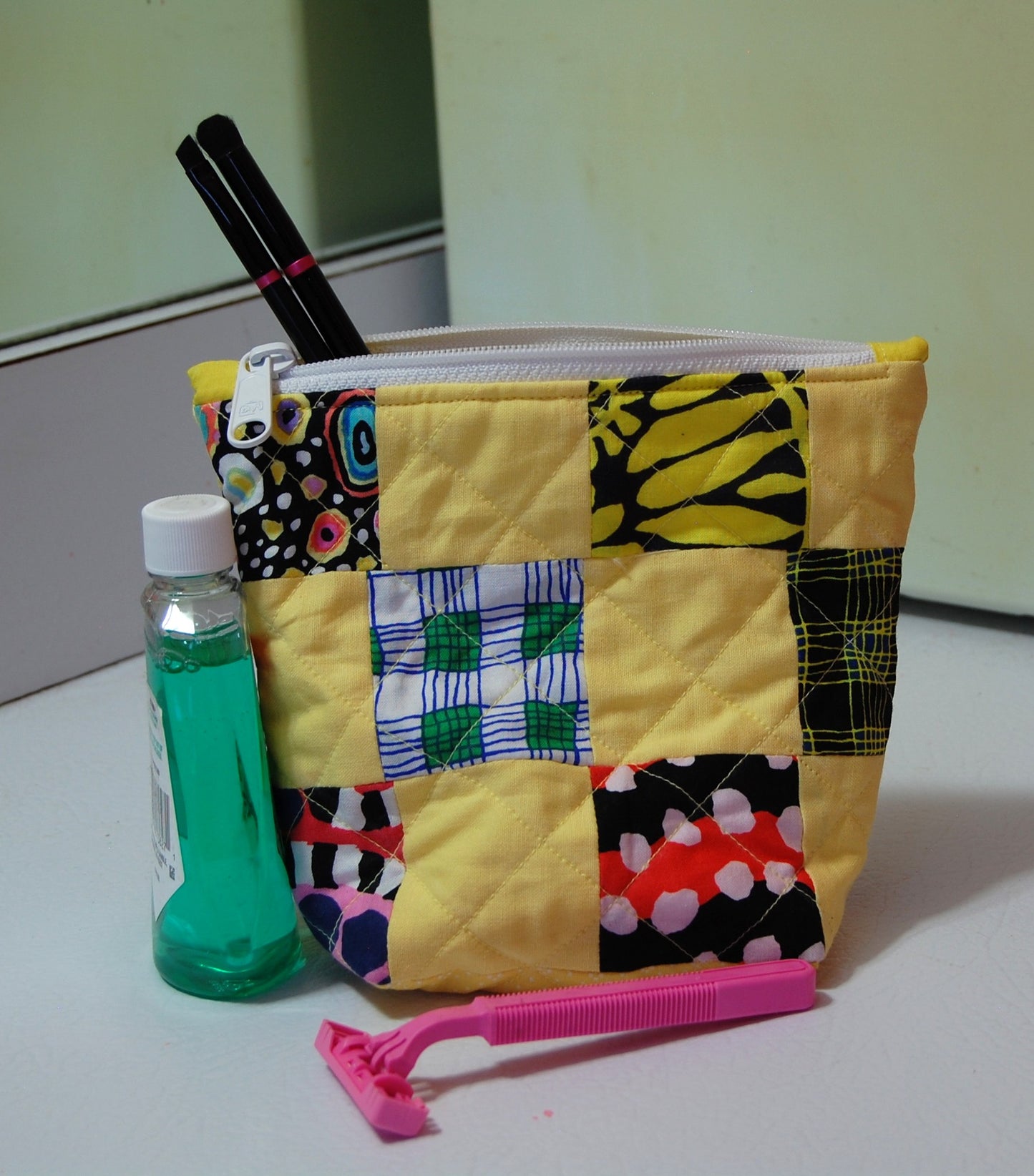 Yellow Geometric Quilted Patchwork 6" Zippered Makeup Bag/Pouch