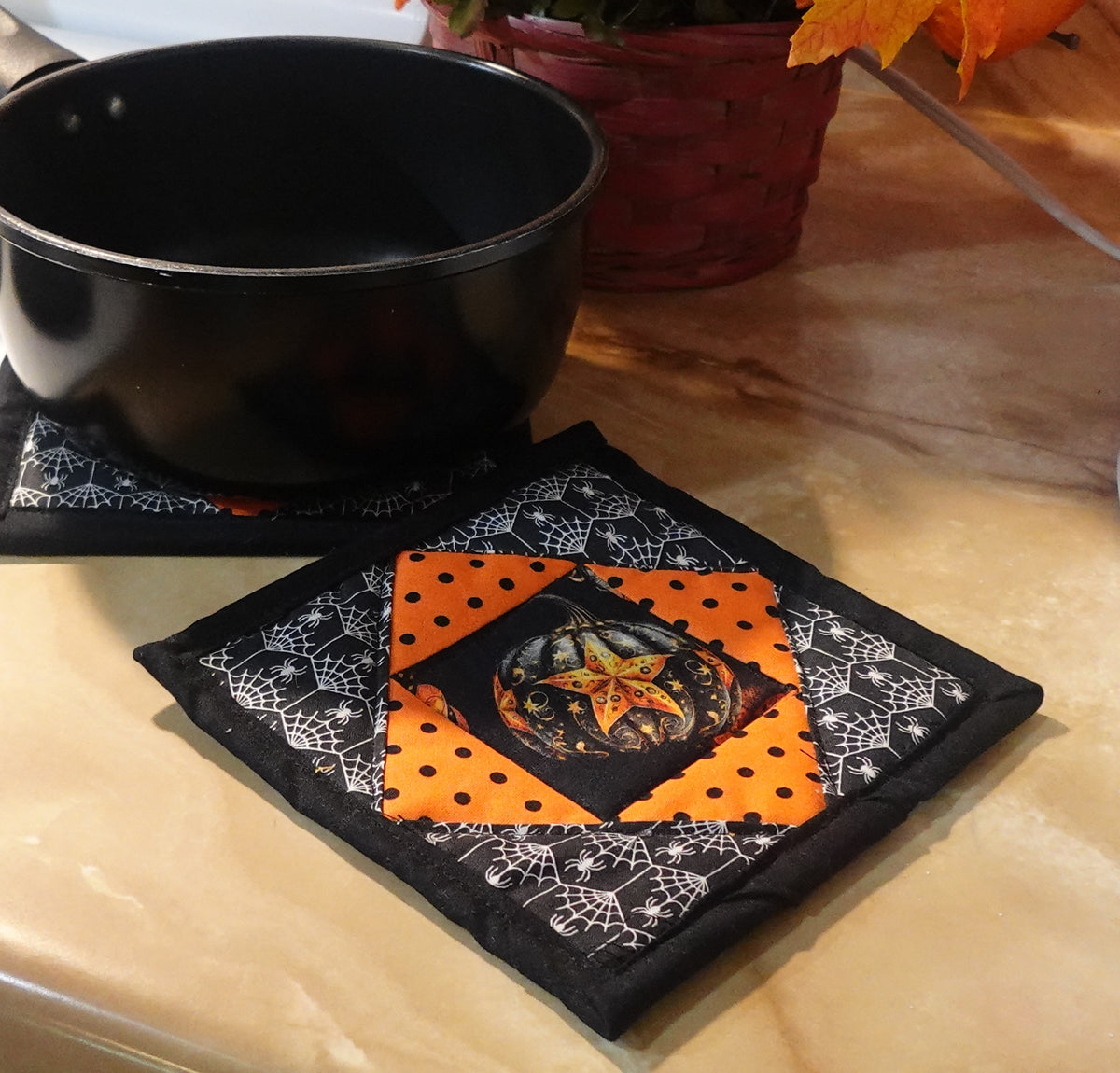 Pumpkin Patch Halloween Pot Holder Set | Handmade Quilted Hot Pads | Set of 2