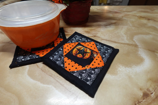 Pumpkin Patch Halloween Pot Holder Set | Handmade Quilted Hot Pads | Set of 2