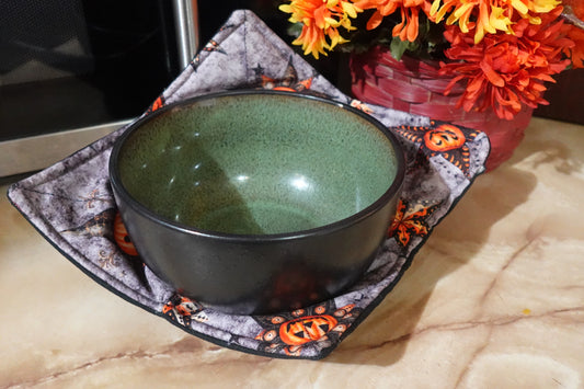 Ornate Pumpkin Microwave Bowl Cozy | Handmade Cotton Soup Bowl Holder | Reversible Fall Kitchen Gift