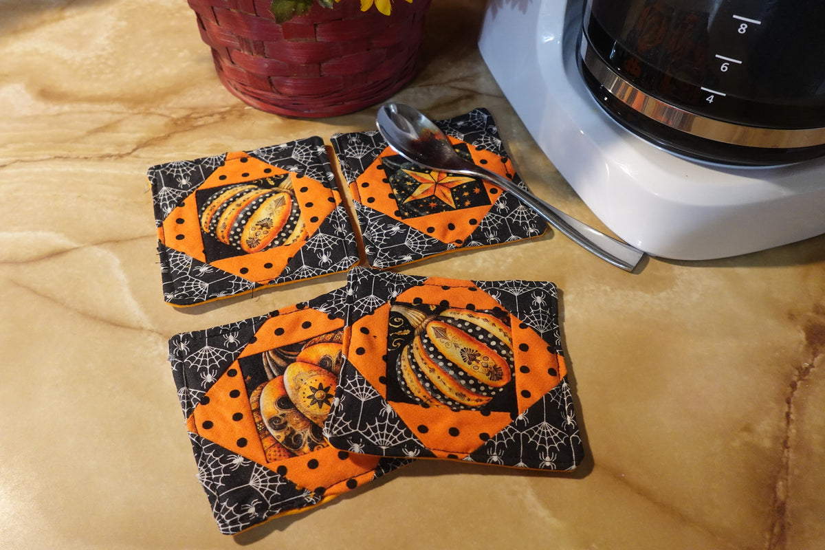 Jack-O'-Lantern Quilted Coasters | Handmade Fabric Coasters | Set of 4