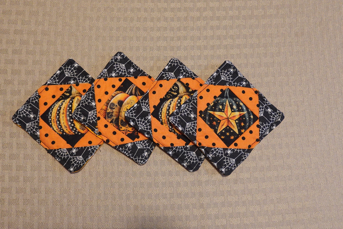 Jack-O'-Lantern Quilted Coasters | Handmade Fabric Coasters | Set of 4