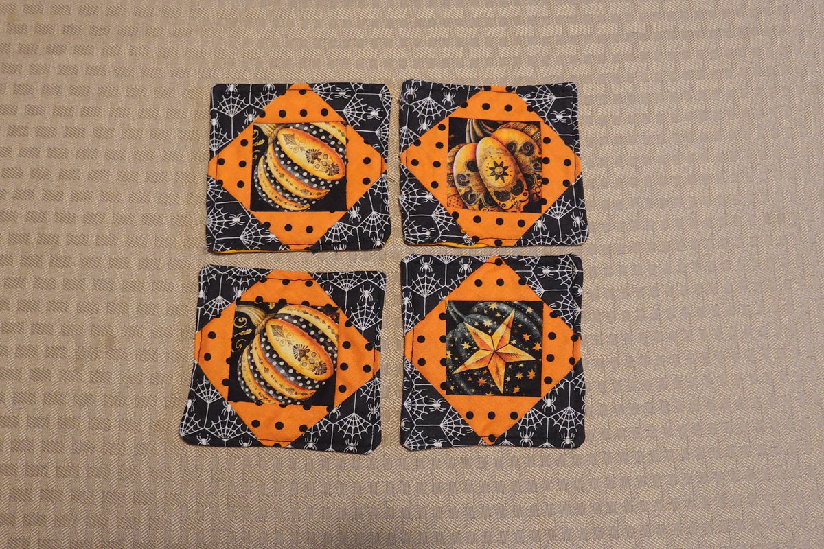Jack-O'-Lantern Quilted Coasters | Handmade Fabric Coasters | Set of 4