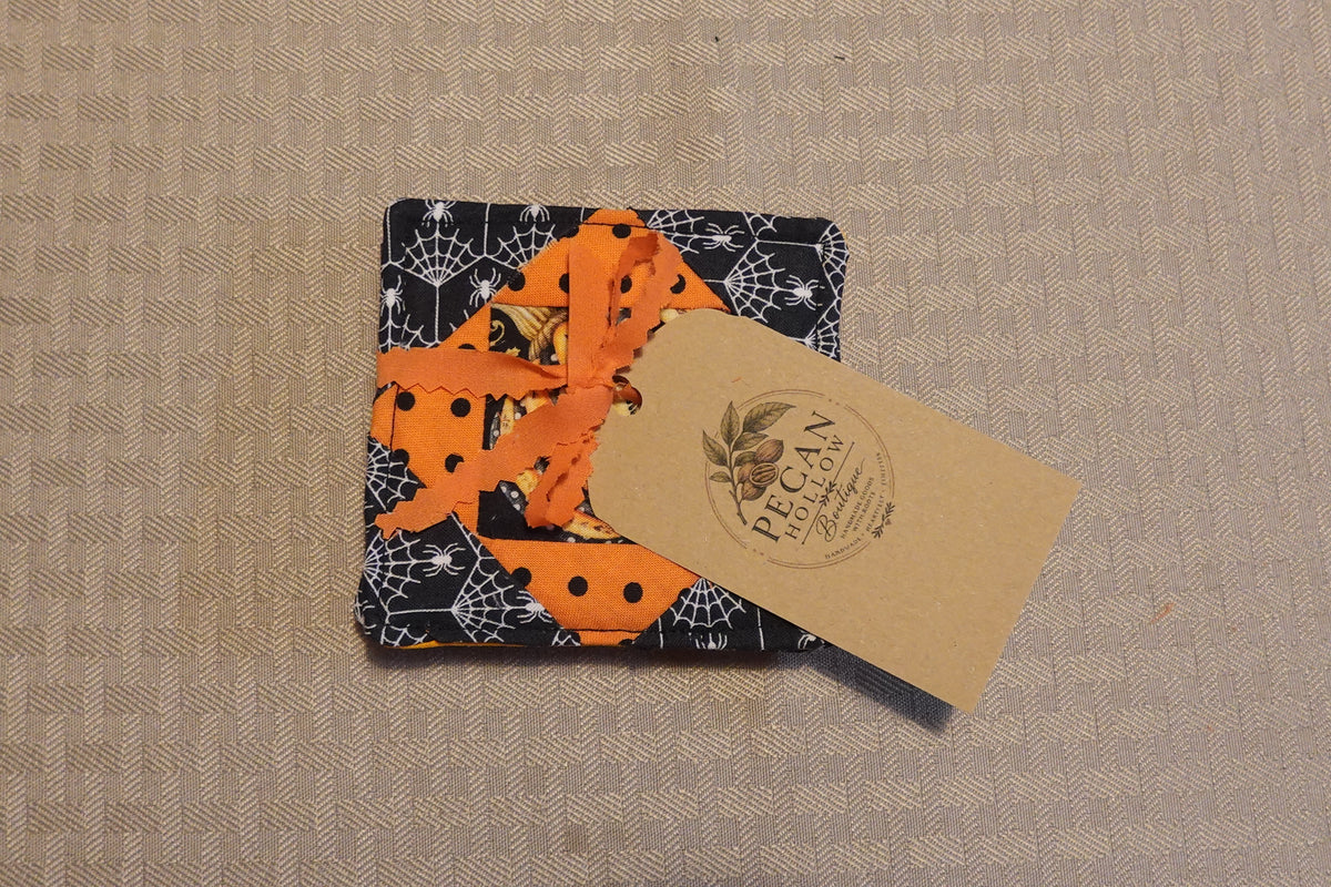 Jack-O'-Lantern Quilted Coasters | Handmade Fabric Coasters | Set of 4