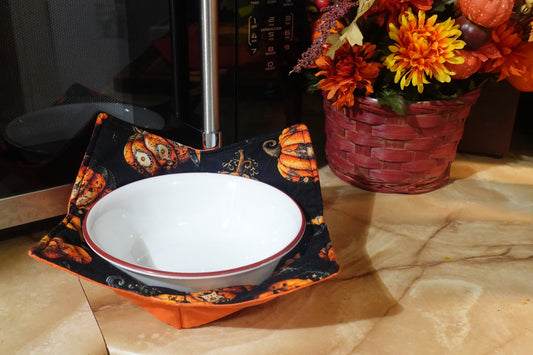Pumpkin Star Microwave Bowl Cozy | Handmade Cotton Bowl Holder | Reversible Halloween Kitchen Decor